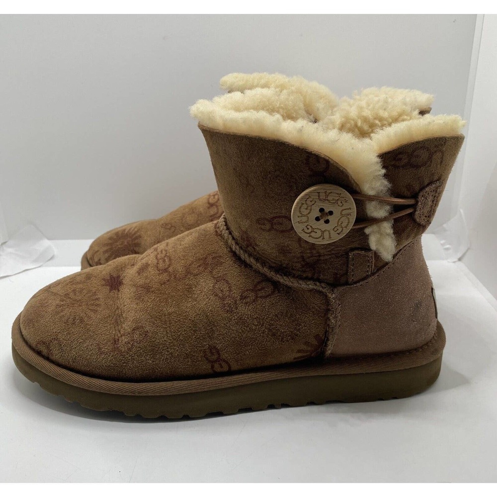 Womens UGG® Mini Bailey Button Suede Boot Chestnut Ugg Logo Womens Size 6